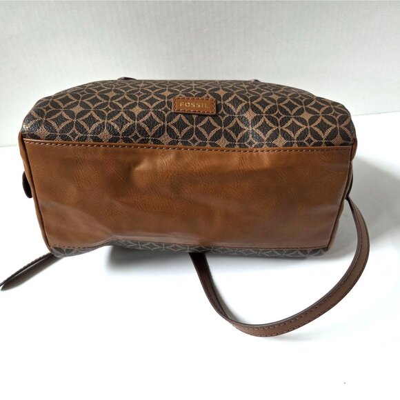 Fossil Sydney Brown Geometric Coated Canvas Satchel Crossbody Bag Boho Preppy - Picture 8 of 12